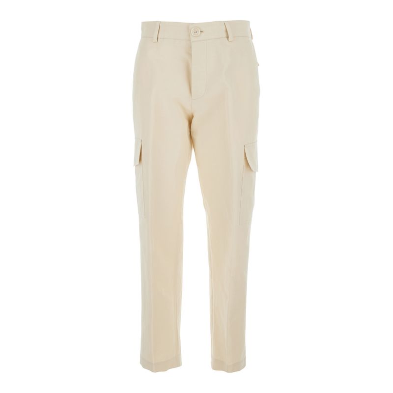 Pt Torino White Pants With Cargo Pockets In Cotton And Linen Blend Woman